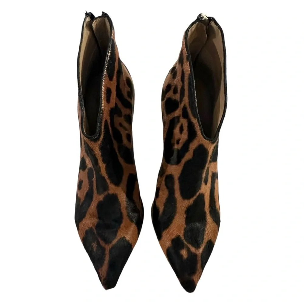 Tamara Mellon Charge Calf-Hair Leather Pointed Toe Leopard Ankle Boots, Size36.5